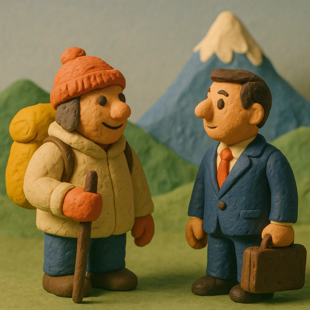 claymation style sherpa and businessperson with briefcase, mountain background emoji