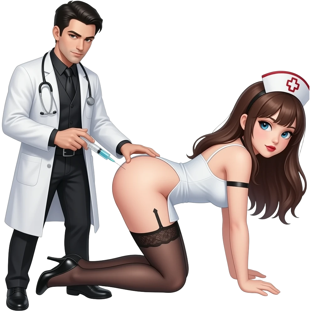Sexy  gothic male doctor injecting a sexy gothic female nurse bent over with syringe in her bum cheek emoji