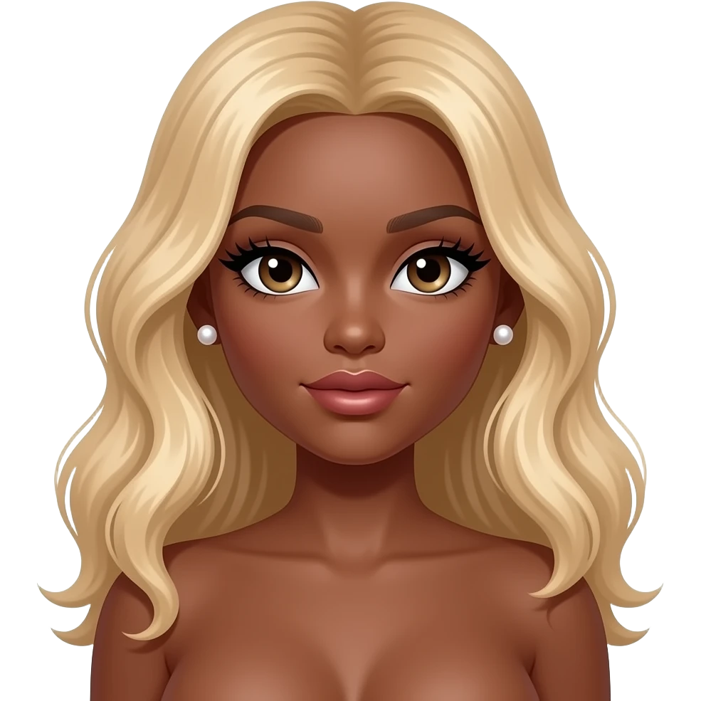 Dark brown skin, long blonde wavy hair, pearl earrings studs, long lashes, doll eyes, big breast, no bra emoji