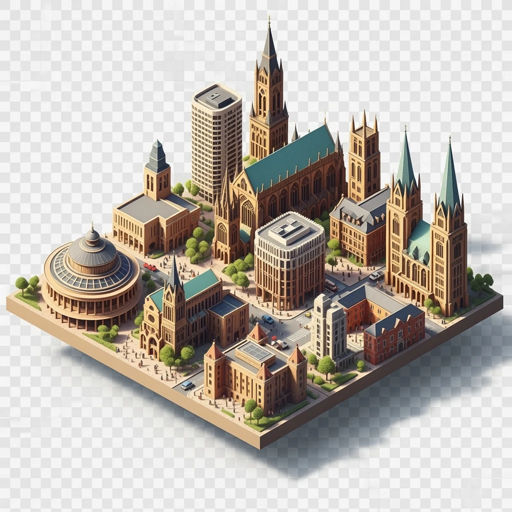 Isometric illustration of Birmingham, balanced between stylized and realistic, 3D miniature effect, transparent background. emoji