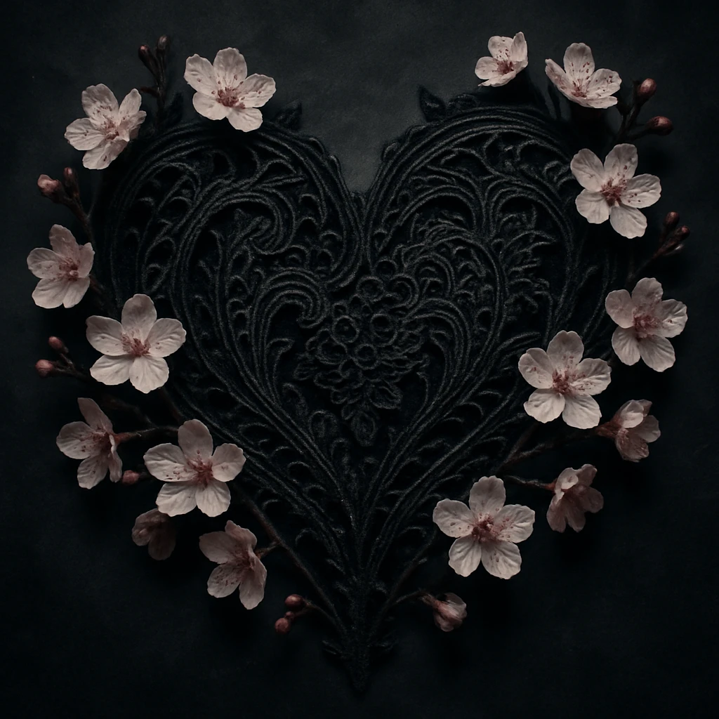 goth sakura heart, ornate black lace, cherry blossoms, heart shape, dramatic shadows, alternative aesthetic emoji