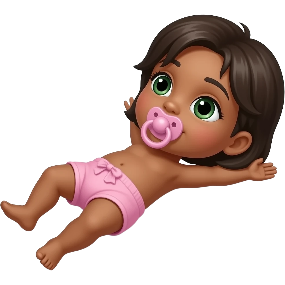 Brown-skinned green-eyed girl laying on back and wearing a pink cloth diaper sucking on pacifier emoji