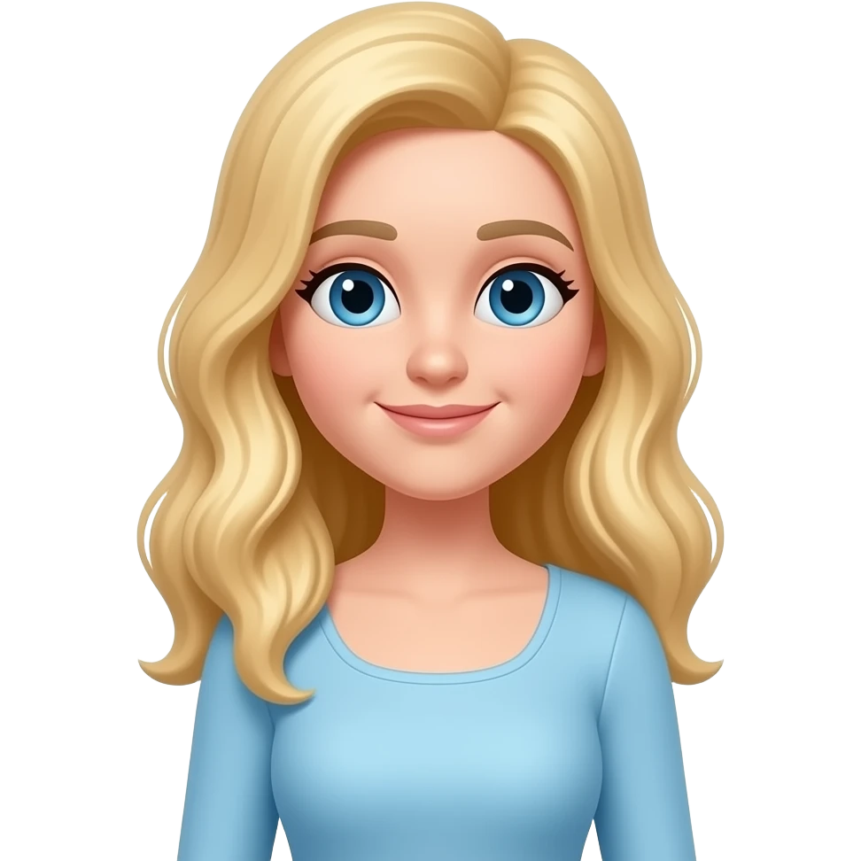 Female Memoji, pale skin, blue eyes, long wavy blonde hair, baby blue long-sleeve fitted top, square neckline. emoji