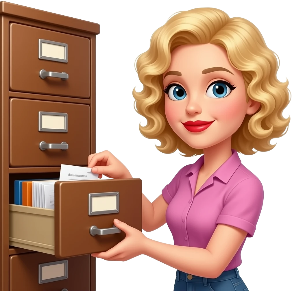 short blonde tight curly hair bob filing in an antique filing cabinet with red lipstick emoji