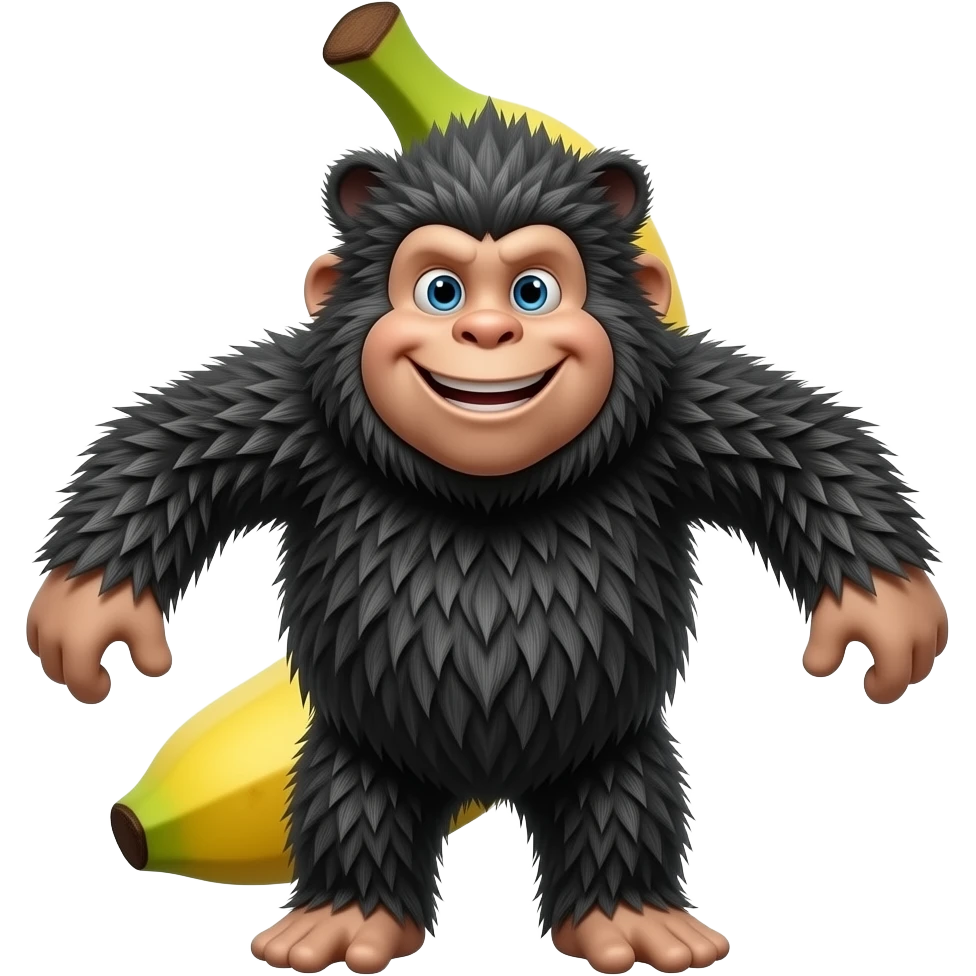 The emoji depicts a smiling very hairy banana with arms and legs, the banana being thickly and abundantly covered in black animal hair. emoji