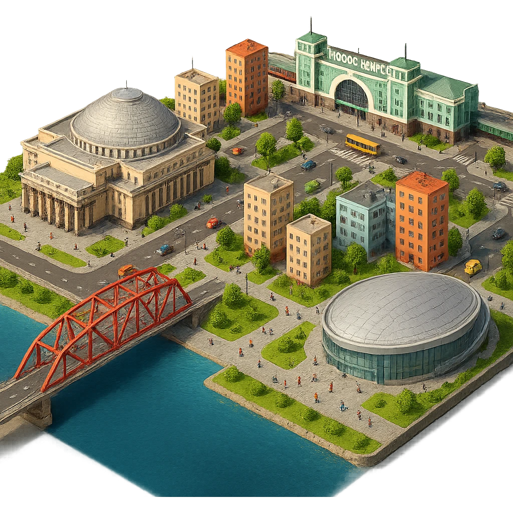 Изометричная миниатюрная фотореалистичная 3D модель Новосибирска - Опера, Вокзал, мост через Обь, фотореалистичная Сибирь-Арена, дома, четкая детализация, яркие цвета, мультяшный реализм, люди, автотранспорт, компактная композиция, вид сверху в изометрии, прозрачный фон emoji