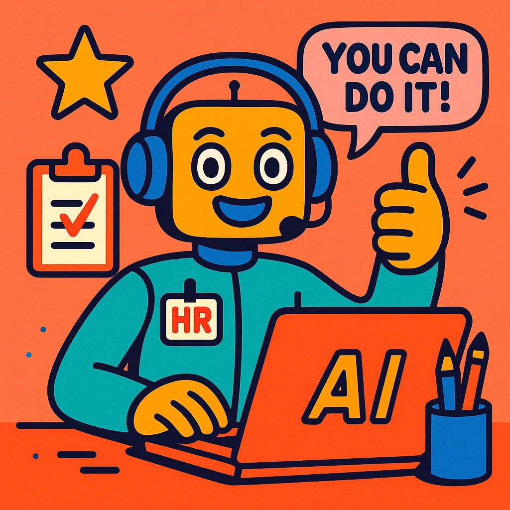 KI-Mitarbeiter mit Headset und HR-typischen Accessoires, der positive Energie und Ermutigung vermittelt, einladender lebendiger Vibrant Toon Stil emoji