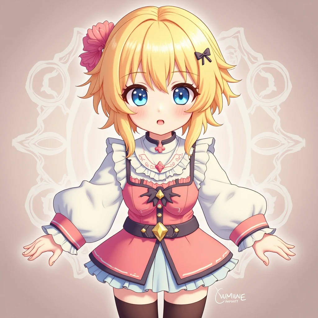 Cute Lumine from Genshin Impact in Photorealistic Hoyoverse Anime Style, full body, full outfit, flower in hair emoji