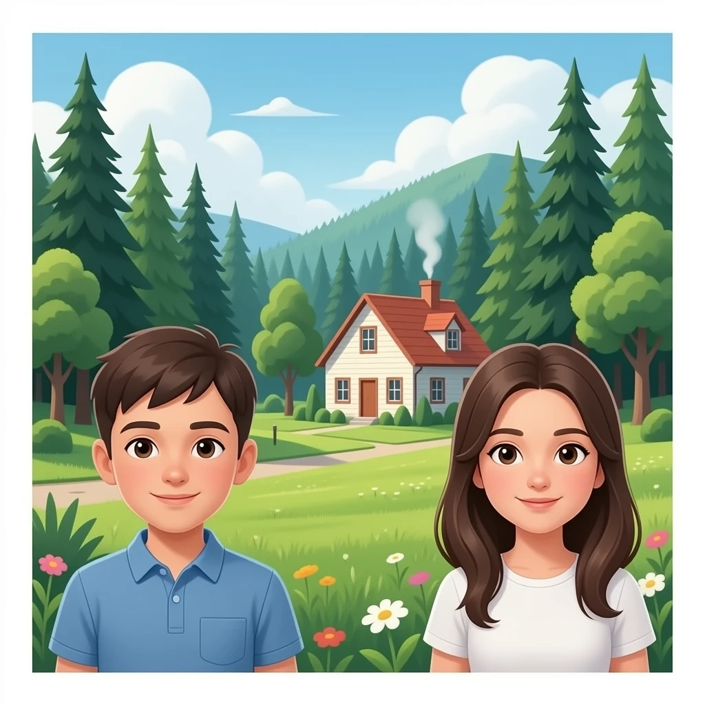 un publo con un bosque y casa de epoca 2026 con personas que sea realistas un niño y una niña emoji