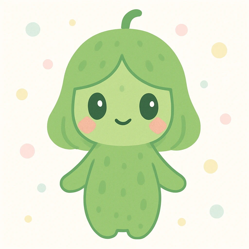 a fusion of a cucumber and a girl, with green skin and cucumber patterns, cheerful expression emoji