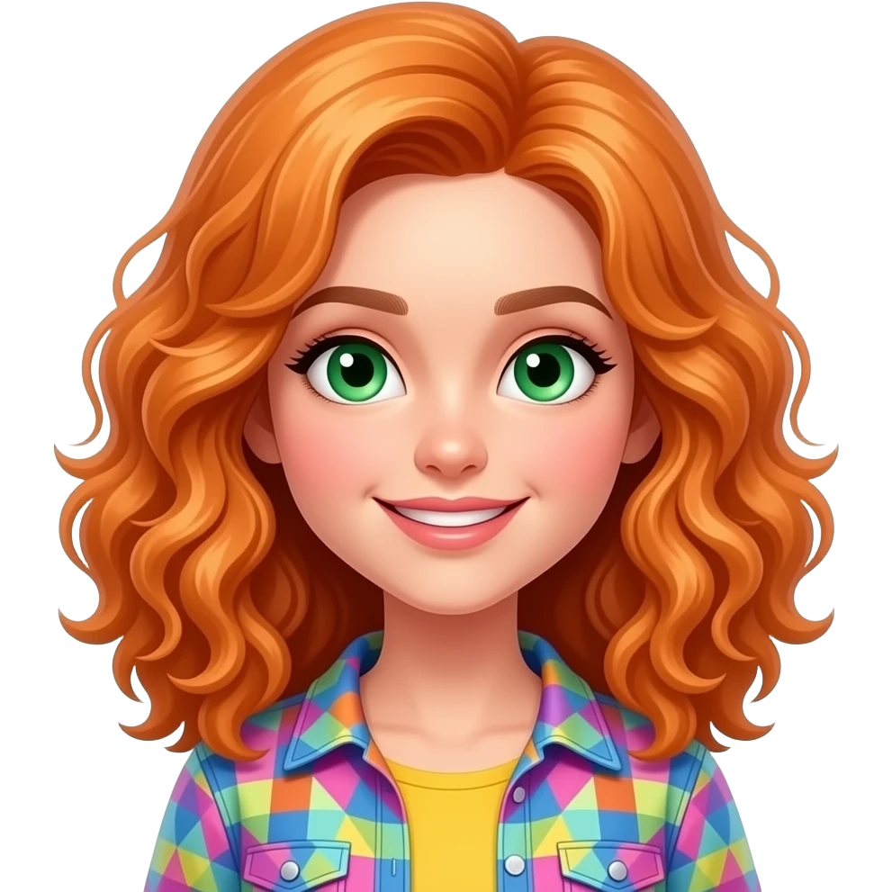 okey let's change gender make a girl a bit cutter make hair longer like shoulder length and green eyes orange curly hair add stylish colorful clothes emoji