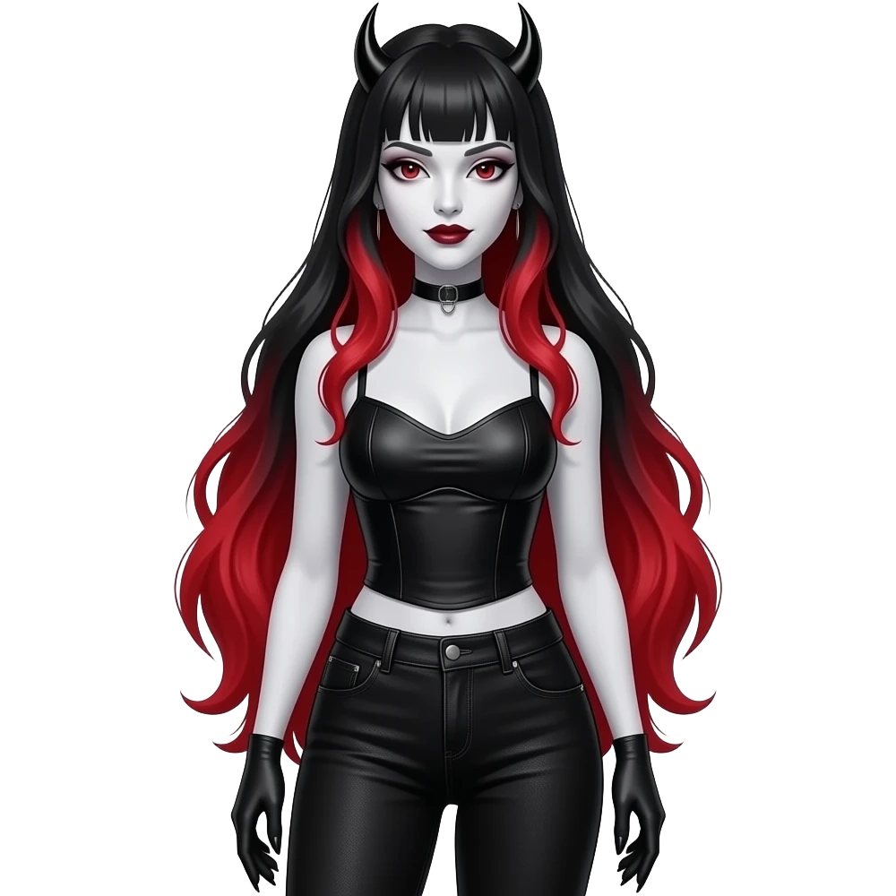 Vampiro femmina con pelle bianca e capelli rosso dulati lunghi che indossa dei jeans neri a zampa d' elefante e un top stretto con le manichd emoji