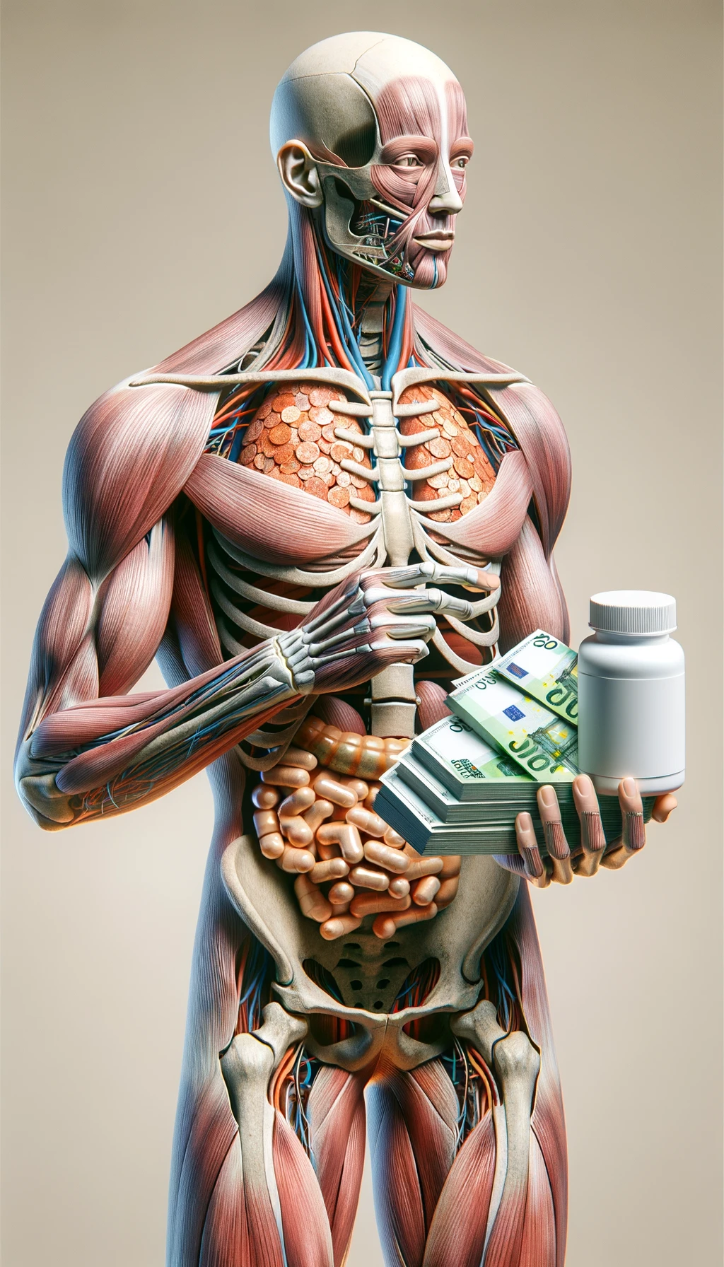 corpo umano anatomico che tiene nella mano destra una boccetta di integratore e nella mano sinistra delle banconote, sfondo neutro chiaro emoji
