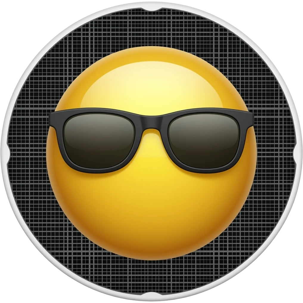 Emoji de cara amarilla con gafas de sol gira lentamente, la luz se refleja en su superficie, el fondo de cuadrícula permanece estático. hacer que el emoji se vea mas moderno y que el fondo sea negro emoji