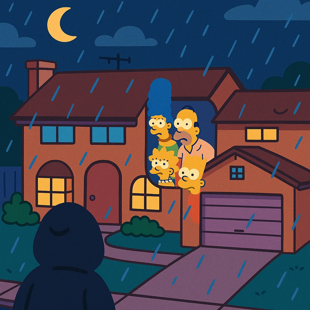 Springfield sous la pluie, la nuit. Une silhouette encapuchonnée observe la maison des Simpson. emoji