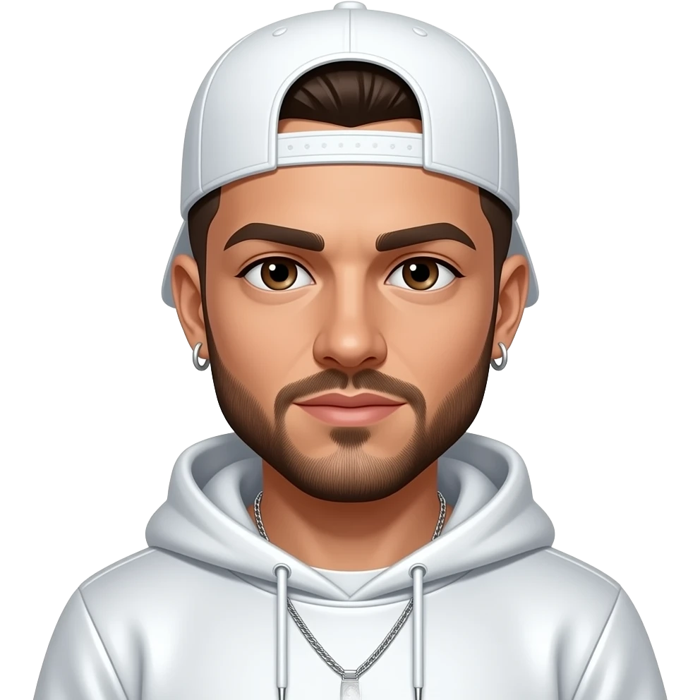 Terry Caldwell from East 17 with brown eyes, dark brown buzz cut hair and short beard, white cap, white metallic sweatshirt, necklace and earrings emoji