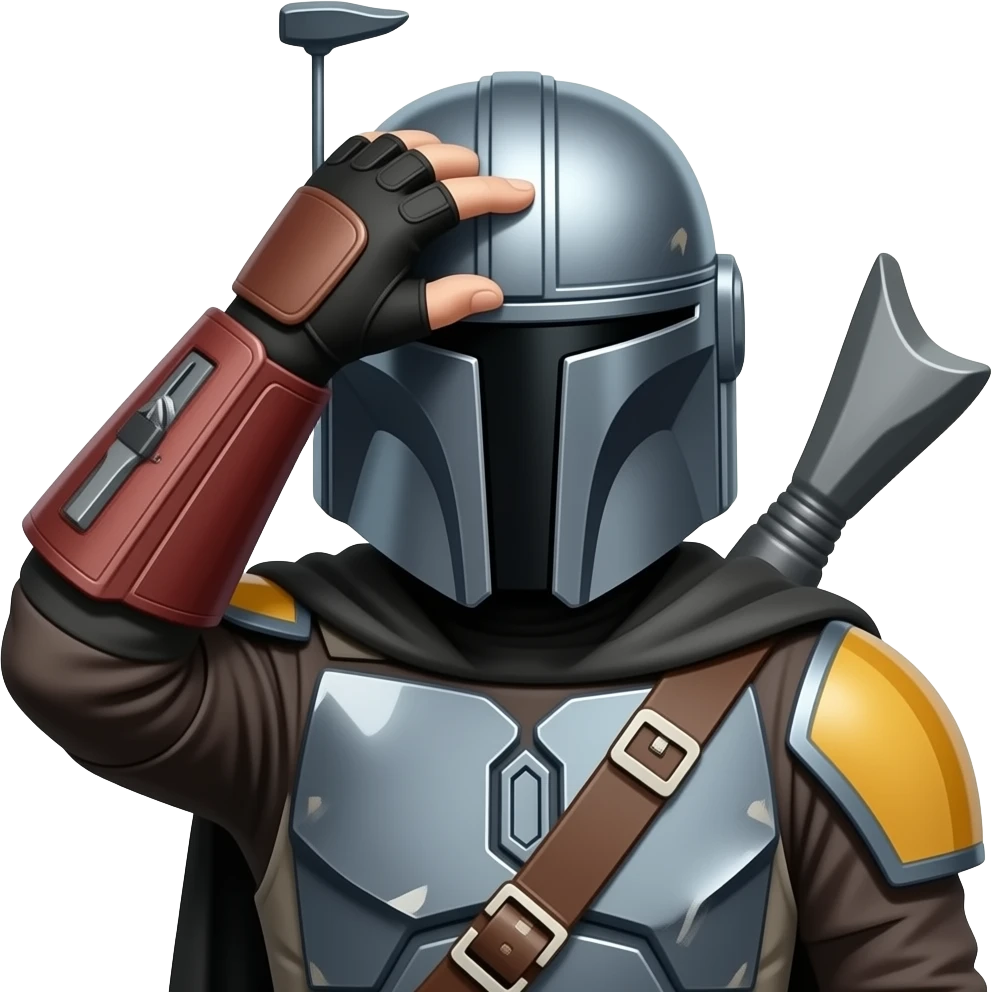 mandalorian Covers face with hand, embarrassed,    Use classic mandalorian from last images, put a fingerless glove on the hand, PUT THE HAND OVER THE FOREHEAD - Keep everything the same but reverse the thumb position, the thumb is backwards emoji