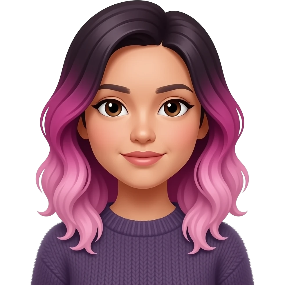 medium skinned vietnamese woman with dark brown medium eyes with slightly wavy ombre hair that is magenta at the top fading to light pink at the bottom, wearing a deep gray-violet fluffy sweater emoji