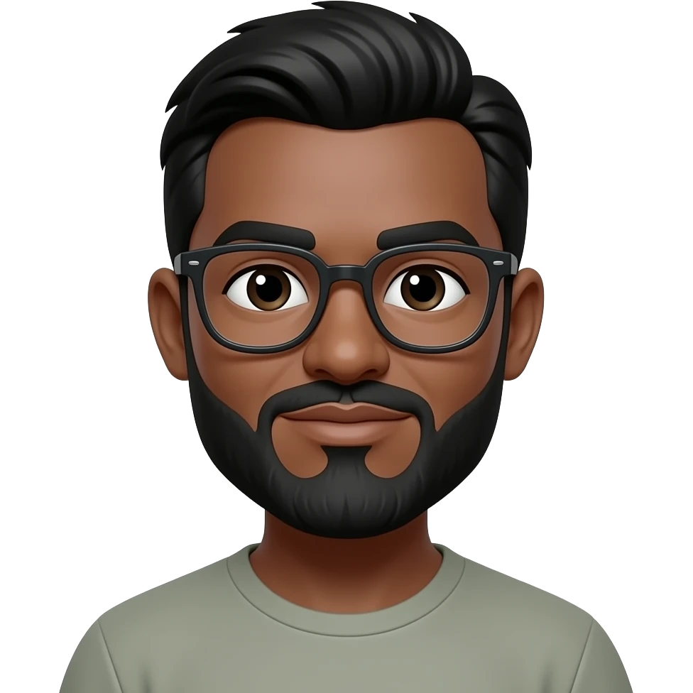 black hair, brown skin, grey beard with glasses emoji