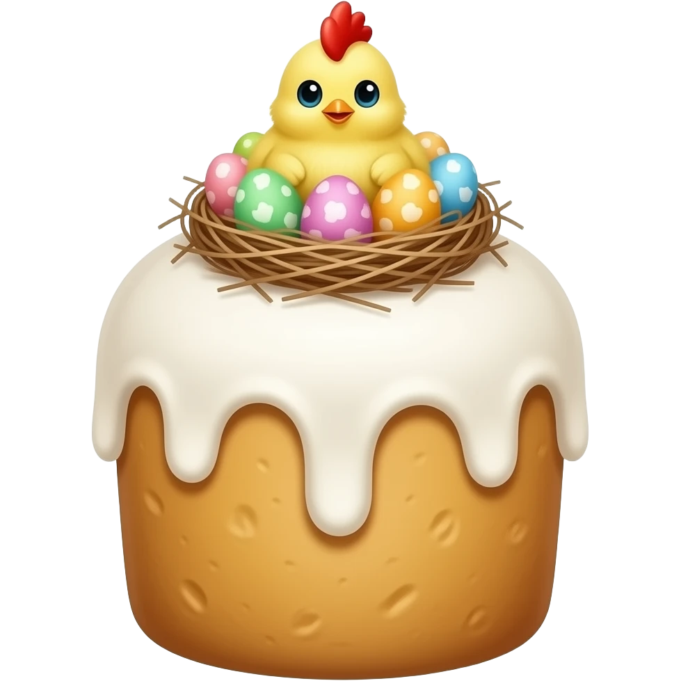 панеттоне золотистого цвета, высокий, с белой глазурью и украшением сверху в виде гнездышка с очень мелкими  яичками пастельных, желтым пушистым птенчиком с красным гребешком emoji