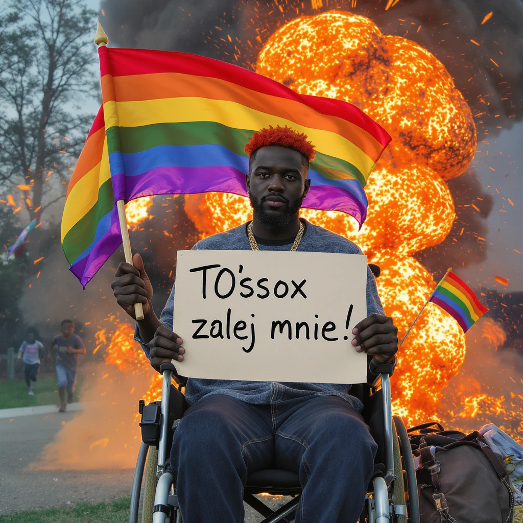 Black man with red hair sitting on wheelchair holding lgbt flag holding text "T0ssox zalej mnie" explosion behind and kids running away emoji