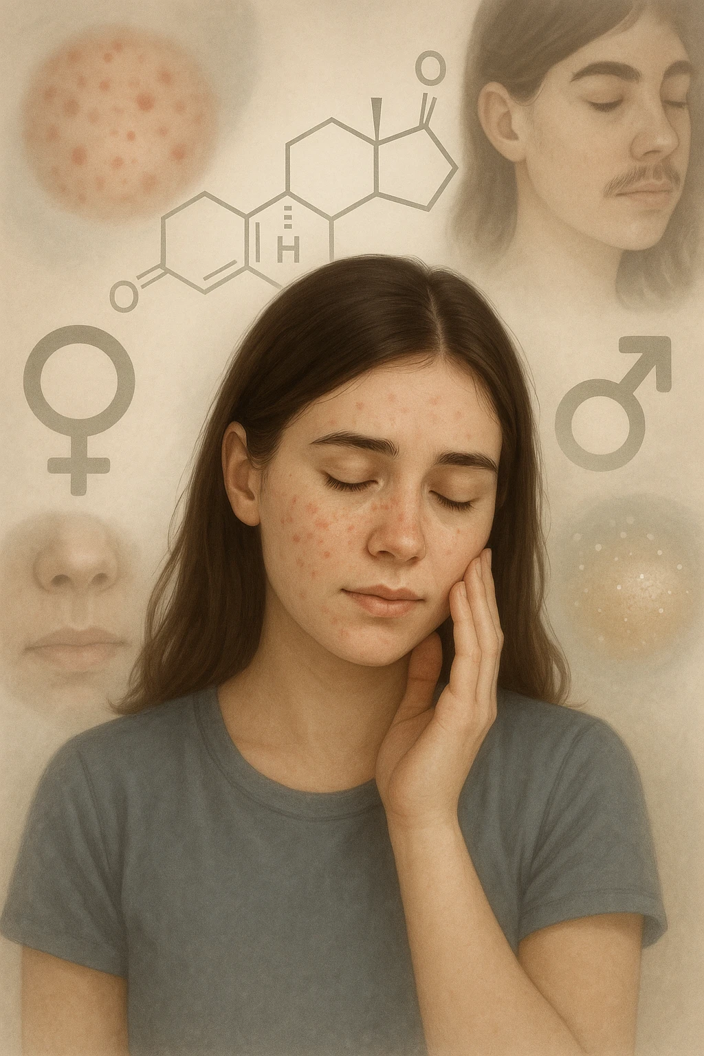 A young woman is surrounded by faint overlays of hormonal symbols and androgen molecules, with shadowy images of acne, facial hair, and oily skin projected around her, symbolizing the symptoms of PCOS with androgen excess. She looks down, gently touching her face with a resigned but hopeful expression, symbolizing her journey toward managing these symptoms. in italiano emoji
