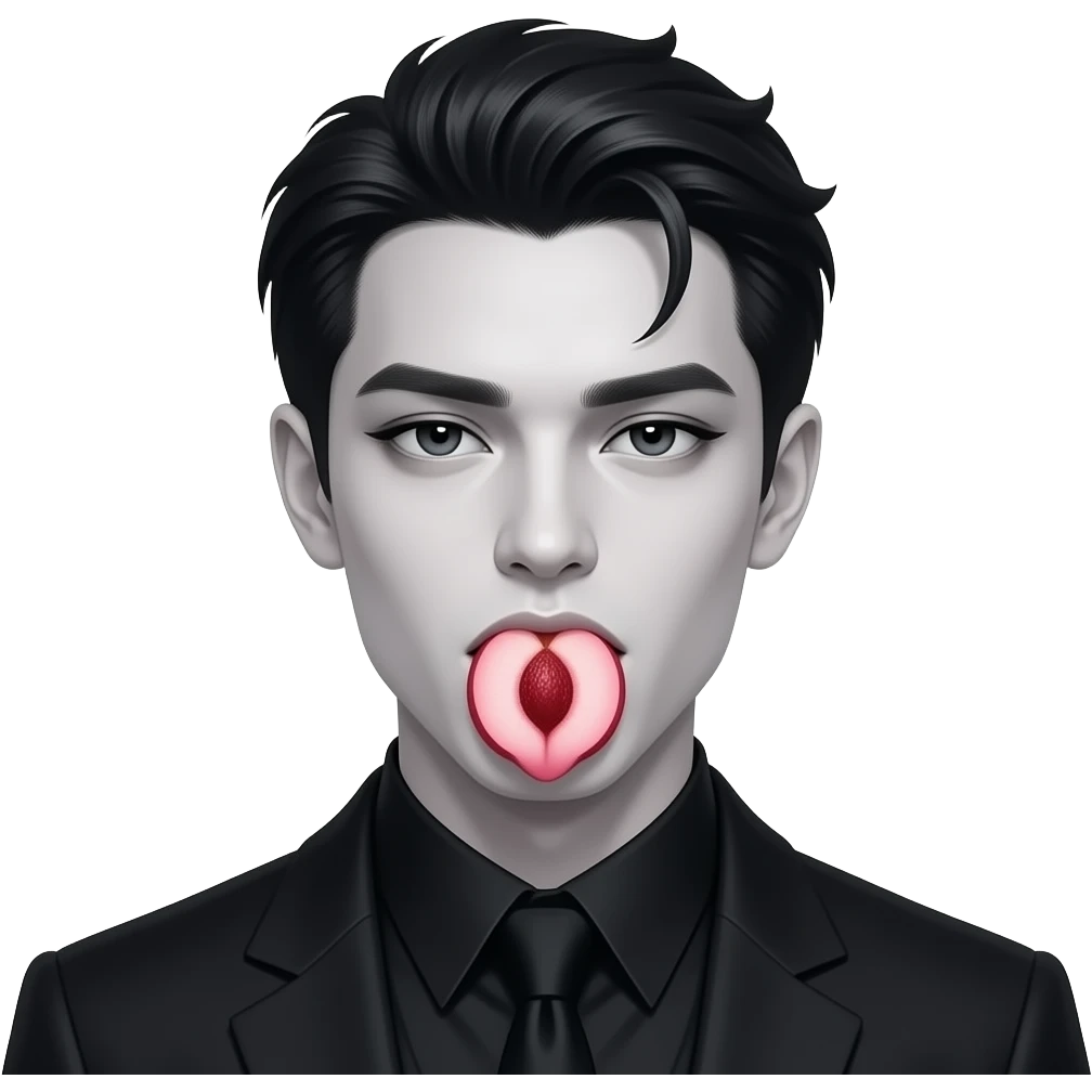 Sexy gothic man licking. Peach cut in half with his tongue out emoji