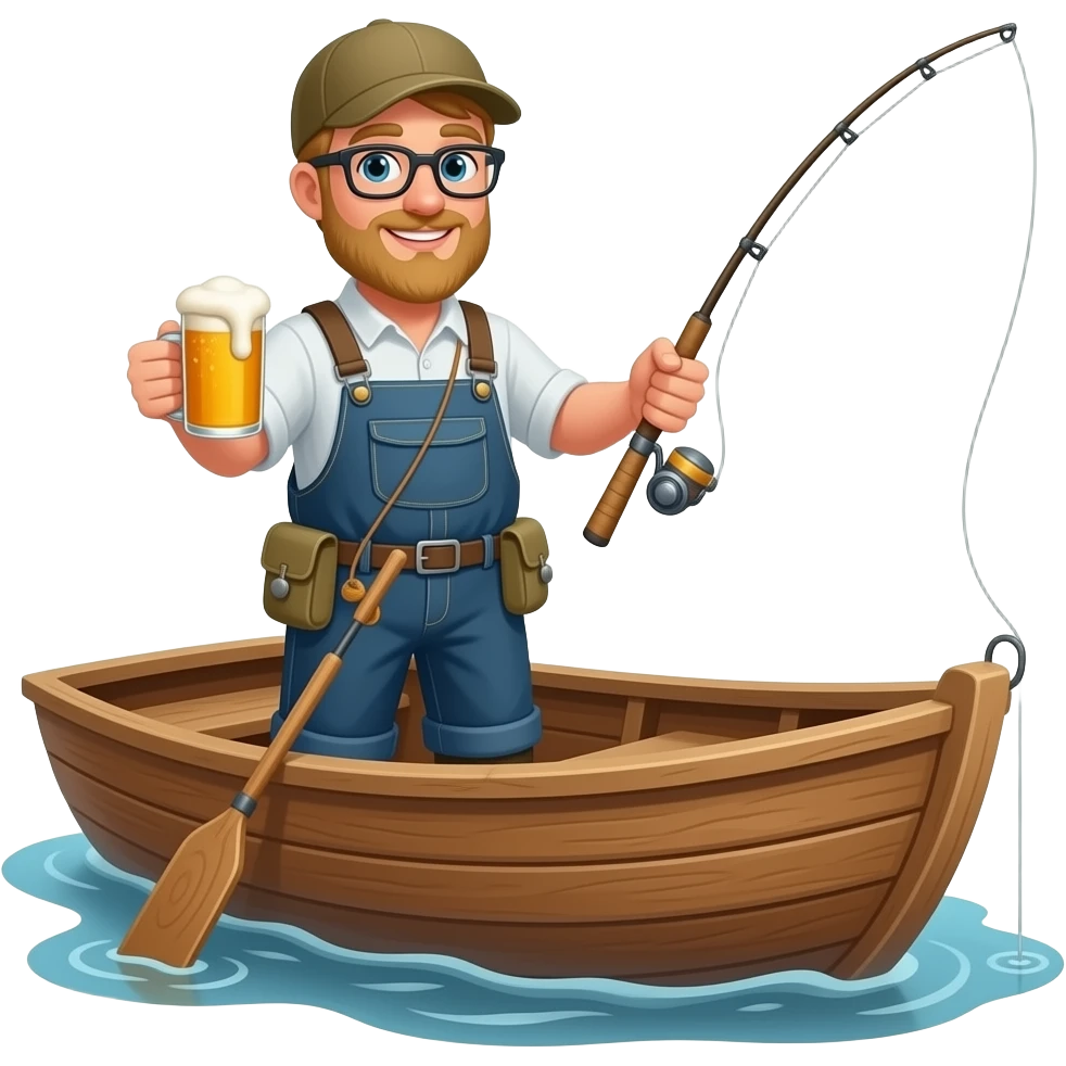 A fisherman with a dirty blonde beard, on a boat, holding a beer in one hand and casting a fishing line emoji
