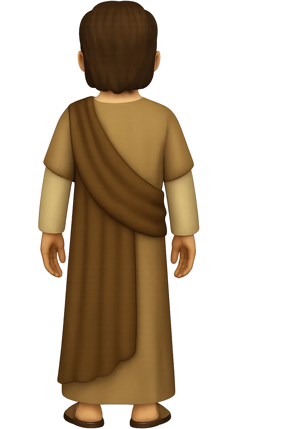 Edit the image to show a back view, centered full body, facing away, in classic emoji style. Depict apostle Peter with short hair, no hood, arms down by sides, smiling, detailed beard, wearing long sleeve brown clothes with beige details and a cape. No background. emoji