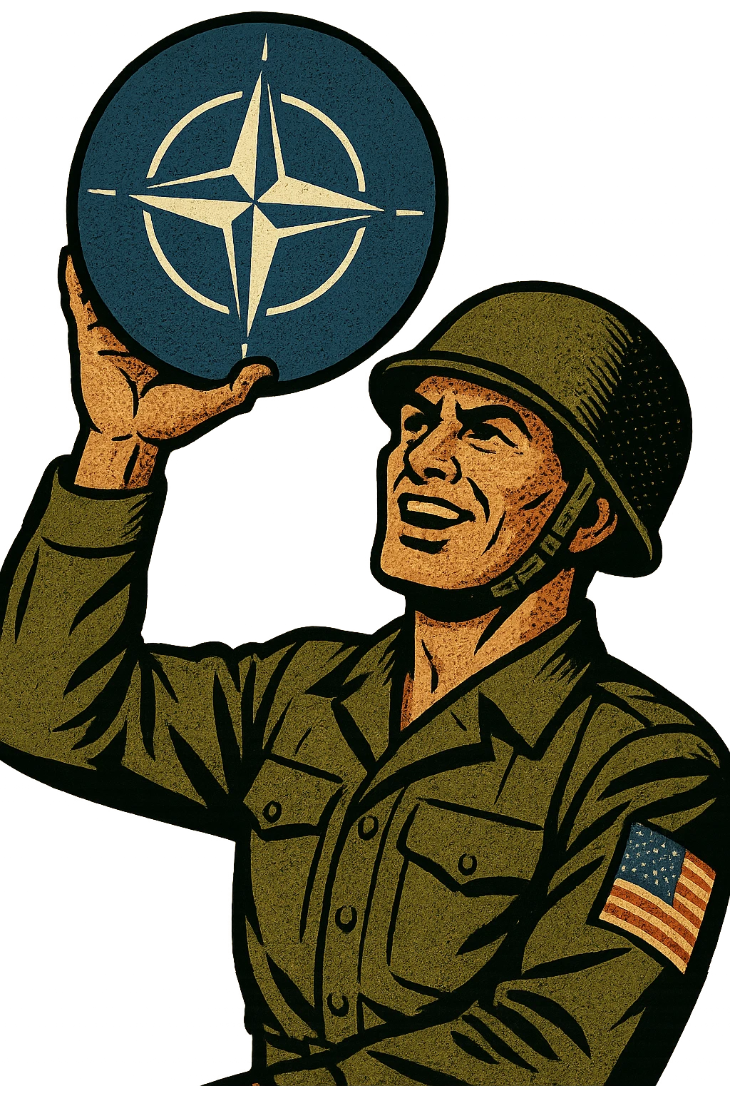 A 1940s American male soldier in uniform holding up a NATO emblem emoji