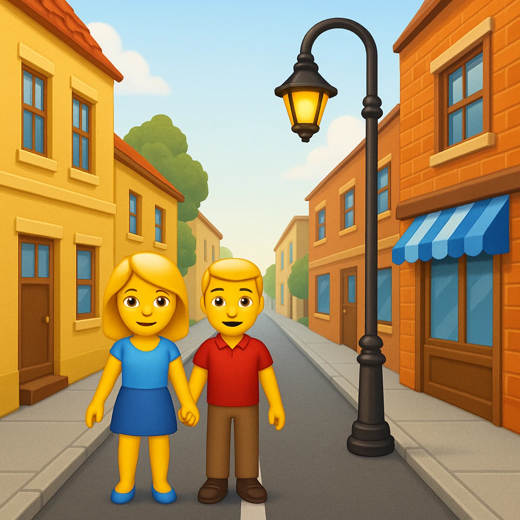 emoji of a small  street scene — a narrow road with a sidewalk, a few  buildings on the sides, and a streetlight. Soft daylight, clean design, minimal background, cheerful and detailed Apple emoji style emoji