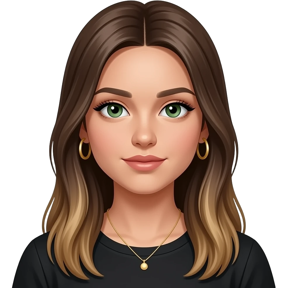 17 year old girl with straight long  brown hair with very thin grown out highligts , green-grey eyes and long eyelashes, tan skin, gold hoop earrings, dainty gold necklace, wearing a black top emoji