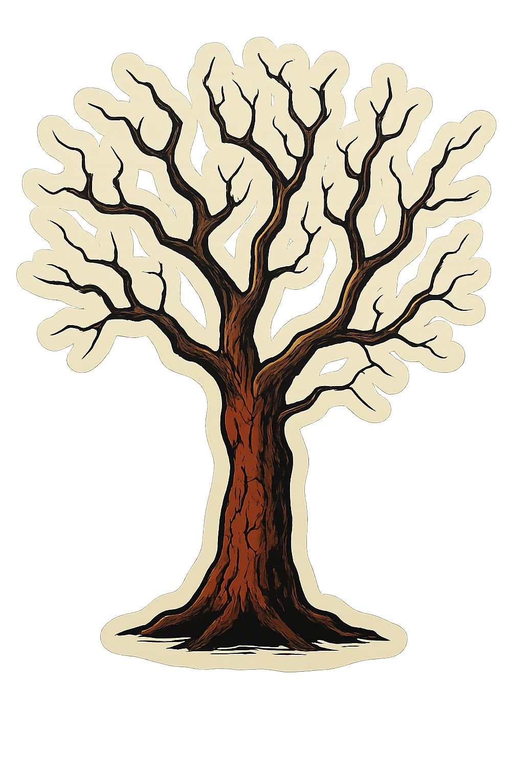 old tree with very thin twisted branches, brown-red cracked bark, sharp black outlines, clear shadows and highlights, retro stickers style, no gradients, eerie atmosphere emoji