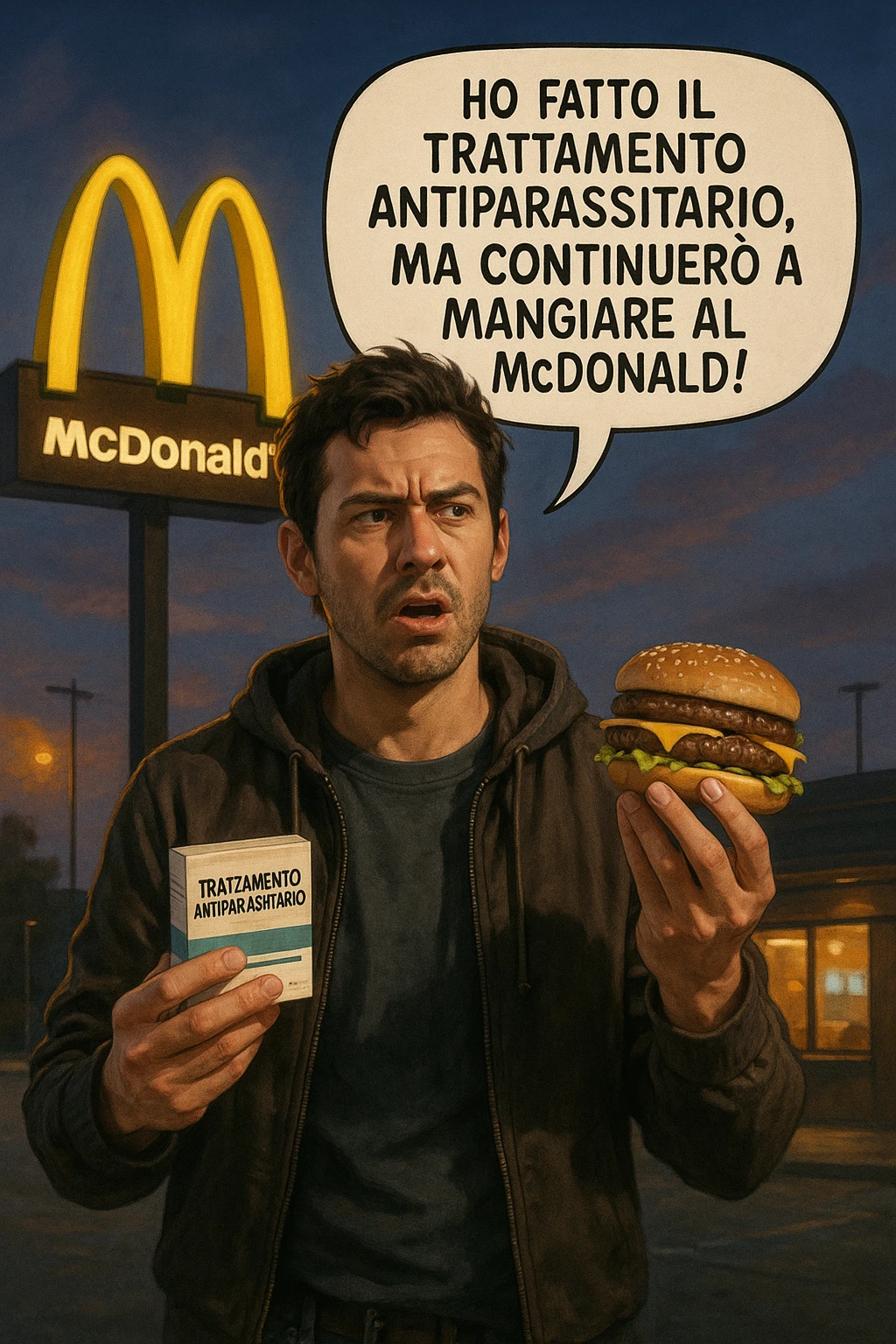 A realistic, cinematic illustration of a man in his early 30s with a confused yet stubborn expression, standing outside a McDonald's at dusk, holding a small box labeled 'Trattamento Antiparassitario' in one hand while holding a large McDonald's burger in the other. He is mid-sentence, saying 'Ho fatto il trattamento antiparassitario, ma continuerò a mangiare al McDonald!' in an expressive speech bubble. The man wears casual streetwear, and behind him, the McDonald's golden arches glow under a neon-lit sky. The mood is ironic and educational, highlighting the contradiction of doing parasite cleanses while continuing unhealthy fast-food habits. The style is realistic with slight illustrative clarity, emphasizing the message humorously while maintaining a serious undertone about lifestyle choices and health in italiano emoji