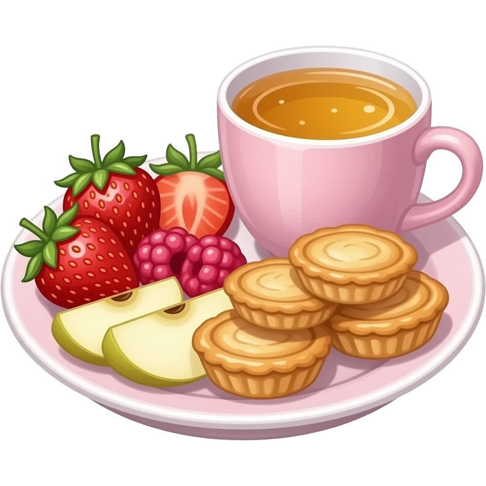 Aesthetic emoji-style illustration of a cozy snack plate for a reader, filled with strawberries, raspberries, sliced apples, small pastries, and a cup of tea, soft pastel colors, sparkles, hearts, bookish vibe, minimal background, kawaii emoji style, no characters emoji