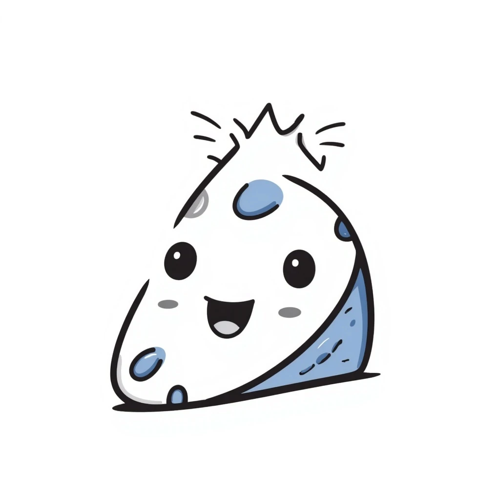 blue cheese wedge with blue squiggles, cartoon style, smiling face, playful lines, simple background emoji