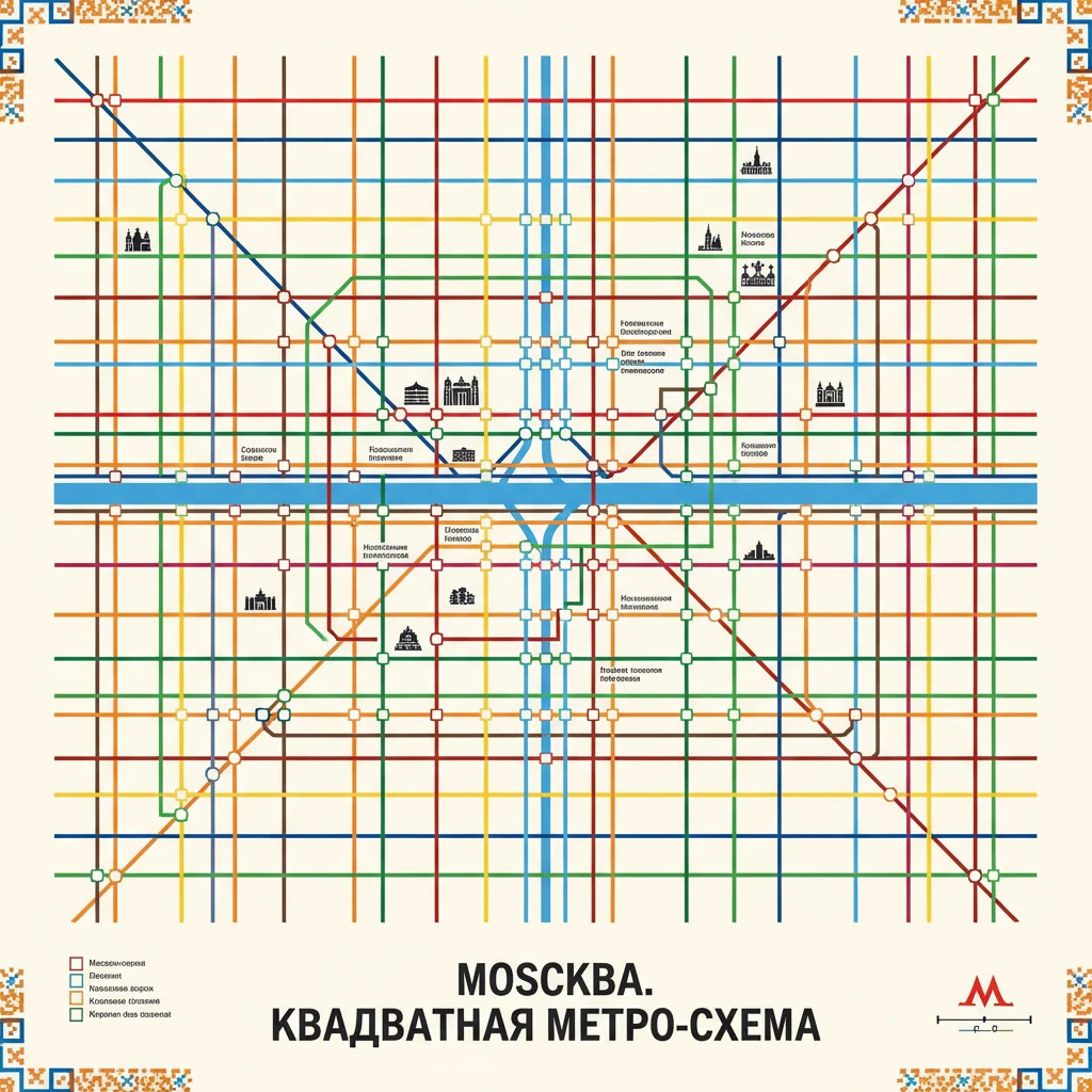 Схема Москвы в стиле московского метро, но если бы Москва была полностью квадратной emoji