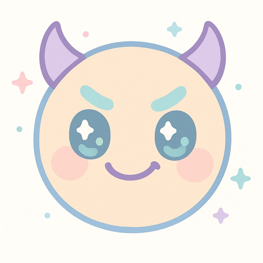 mischievous emoji with devil horns, sly grin, and raised eyebrows, kawaii style emoji