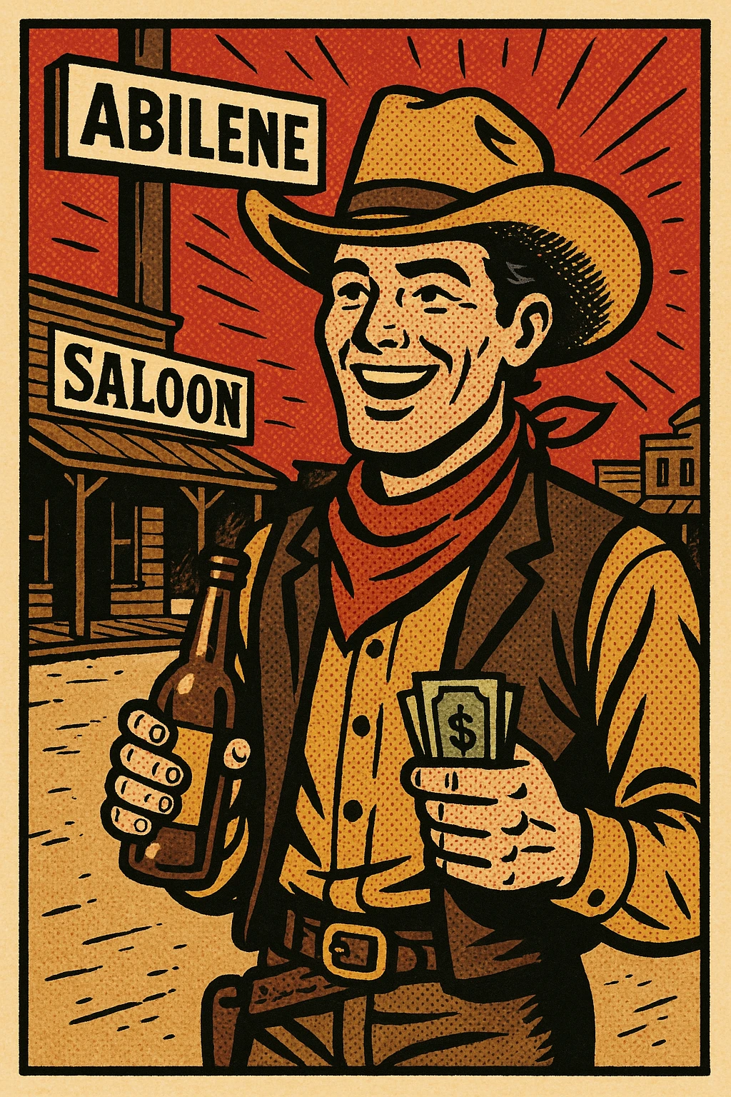 An American West cowboy standing in the Wild West town of Abilene in front of a saloon.  There is a street sign saying Abilene. The cowboy is holding a bottle of beer and his pay looking happy. emoji