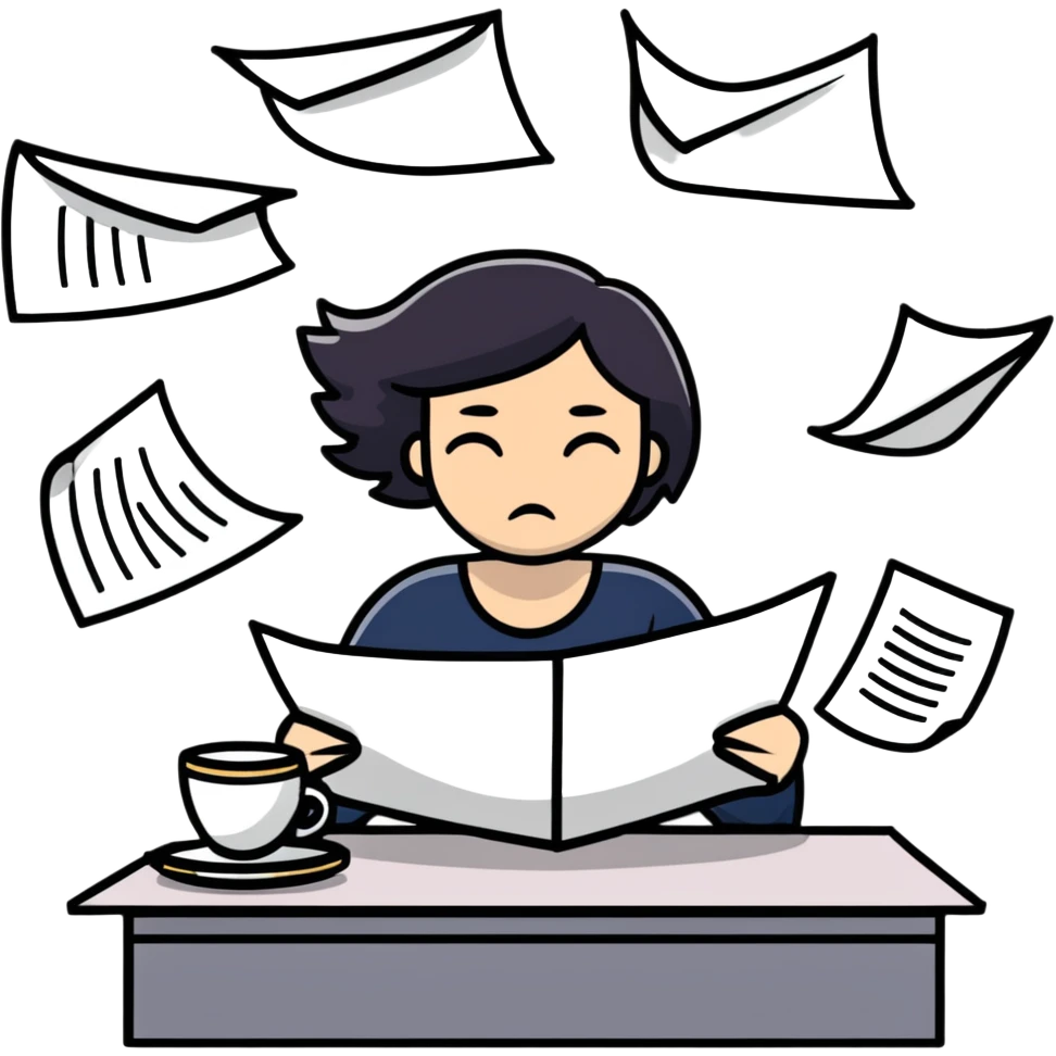 tired woman with flying papers around her emoji