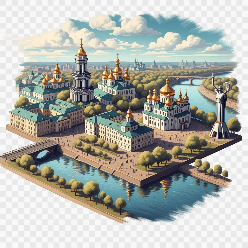 Isometric illustration of photorealistic Kyiv, balanced between paint stylized and realistic, 3D miniature effect, transparent background. emoji