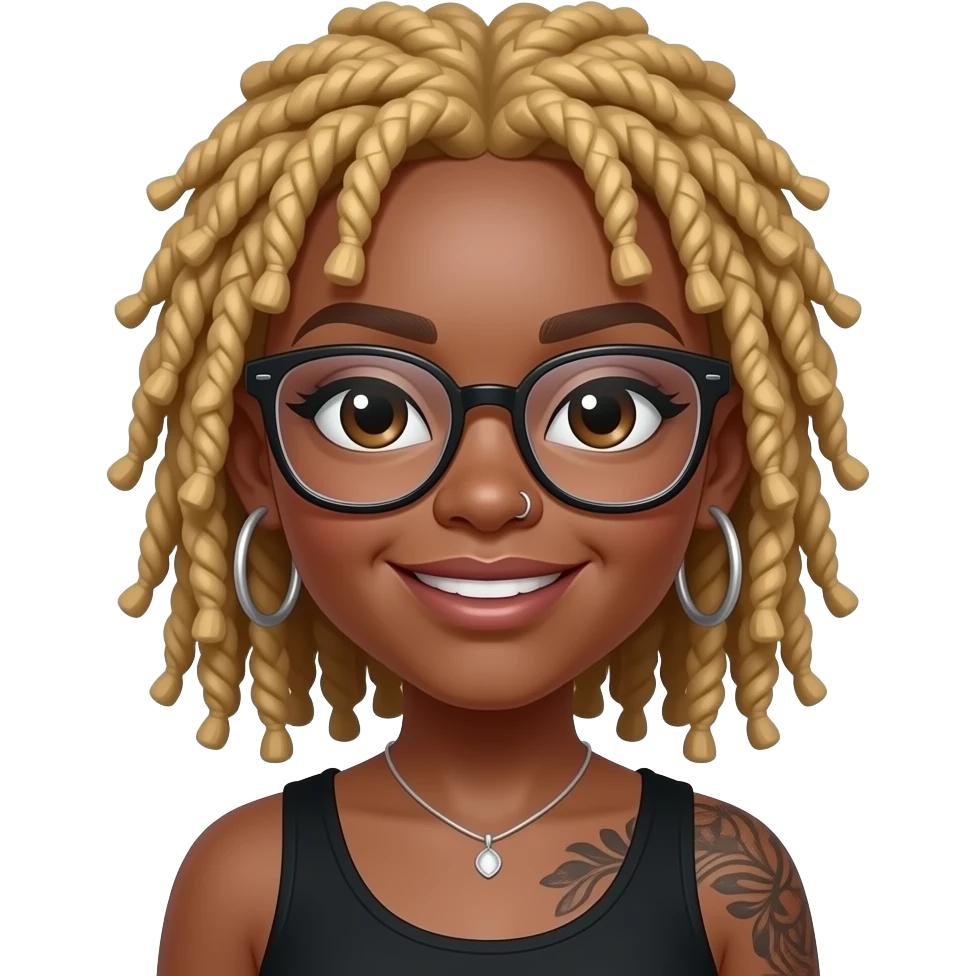 Black girl with blonde locs, glasses, nose piercing,  hoop earrings and tattoo emoji
