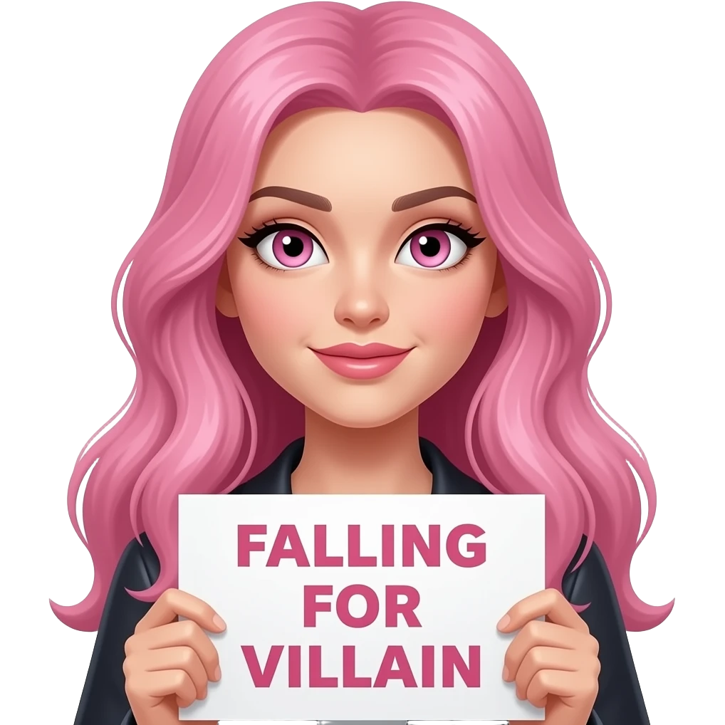sexy girl with long pink hair and pink eyes holding a FALLING for the VILLAIN sign emoji