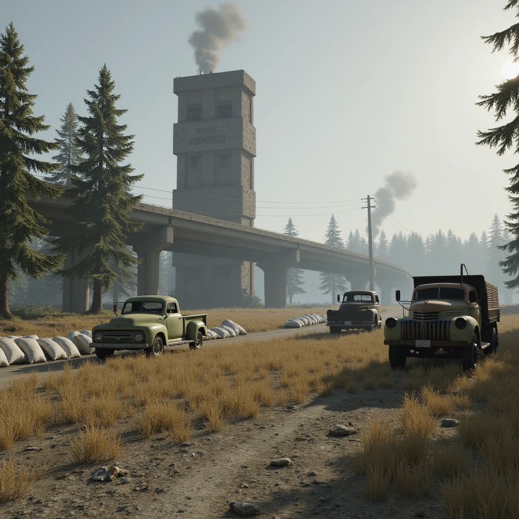  a screenshot of a location in a videogame  the image of the scene consists of: [a tall above-ground freeway collapsed], a wooded area, a small field of wheat, sandbag barricades. distant smoke. uneven terrain, derelict vintage work trucks, more distant smoke emoji