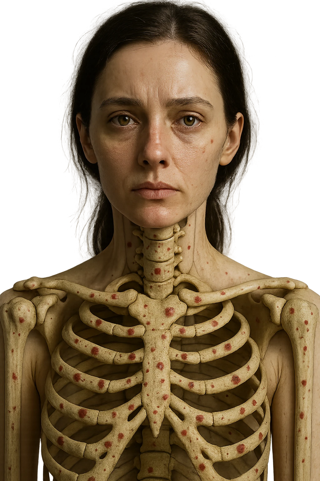 donna realistica con red spot sparsi alle ossa, ossa visibili sul corpo, iperrealistico 4k emoji