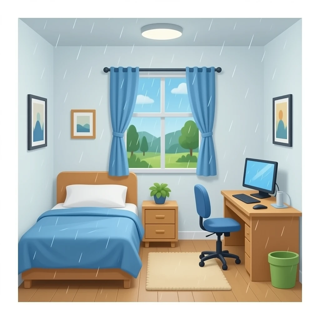 dentro de la habitacion con cama, escritorio... emoji