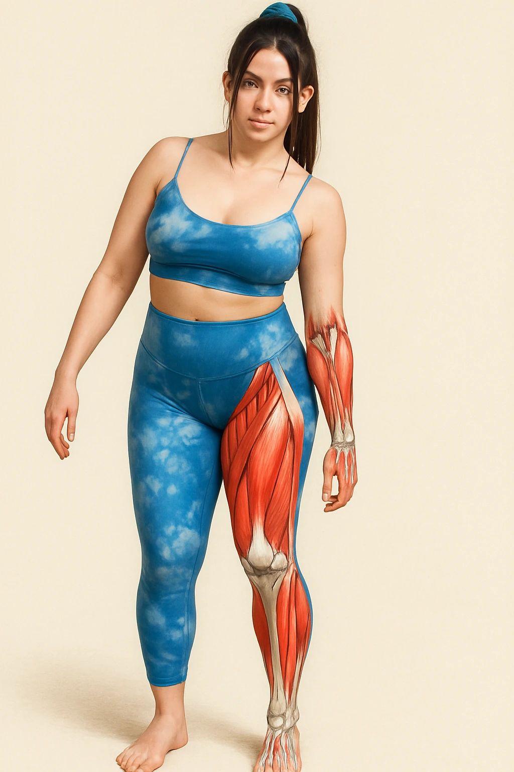 Create a realistic anatomical illustration inspired by the reference photo of the woman in the same pose. Highlight the right leg (her right, on the left side of the image) as the weight-bearing leg, with a color overlay to emphasize muscles and bones. The rest of the body should remain realistic. Emphasize the anatomical structures of the right leg clearly with a realistic style. emoji