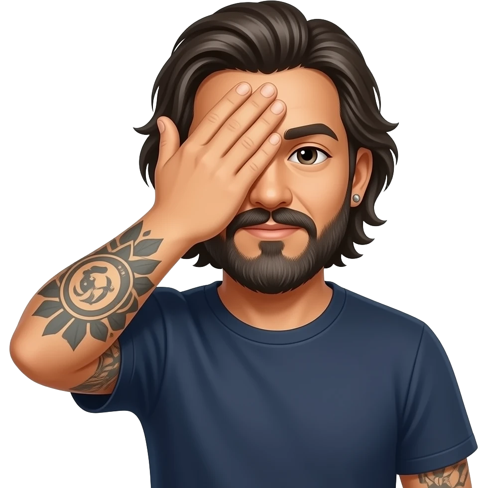 The handsome Latino podcast host with medium length hair, a long lightly graying beard and tattoos, his ear pierced and right nostril as well, covering his eyes with hand emoji
