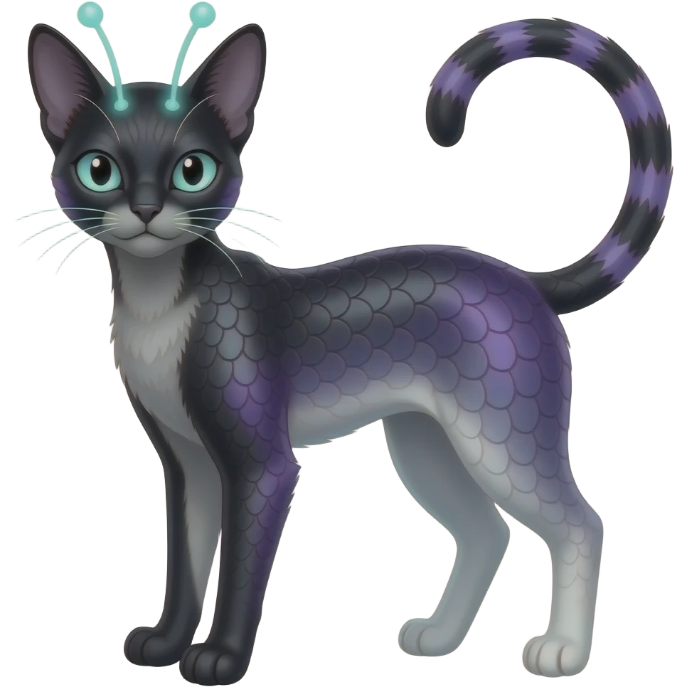 Realistic slim thin elegant Abyssinian bioluminescent dull, scaly furry oil-blackish oily greyish, purplish, whitish abyss-fantasy-Zorua-Sprigatito-Absol-feline-Fakémon-fusion, with thin neon-glowing bulb-antennae-whiskers, full body emoji