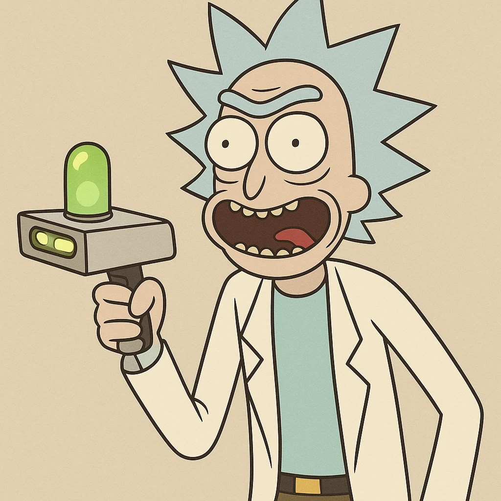 Rick Sanchez from Rick and Morty, holding portal gun, wild expression, cartoon style emoji